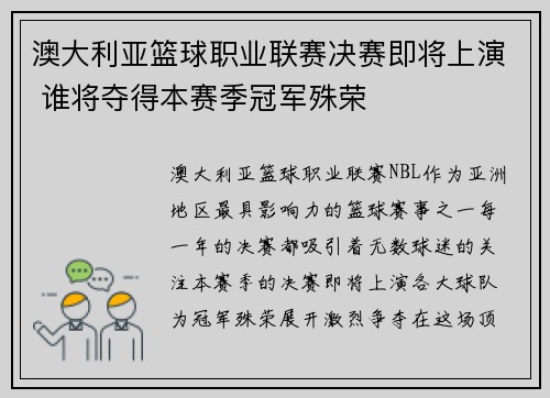 澳大利亚篮球职业联赛决赛即将上演 谁将夺得本赛季冠军殊荣